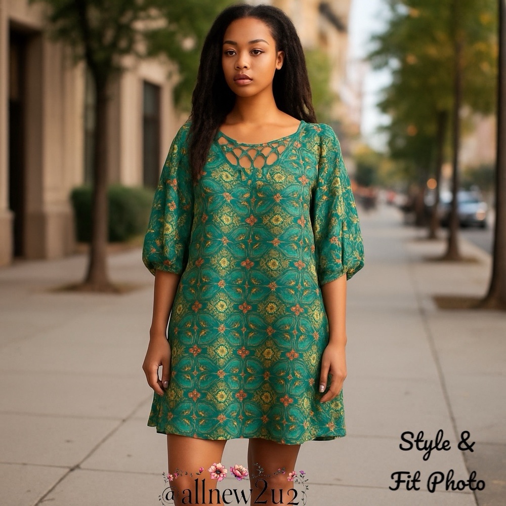 As U Wish Boho Paisley Dress Tunic Green Blue Orange Mid 3/4 Sleeve